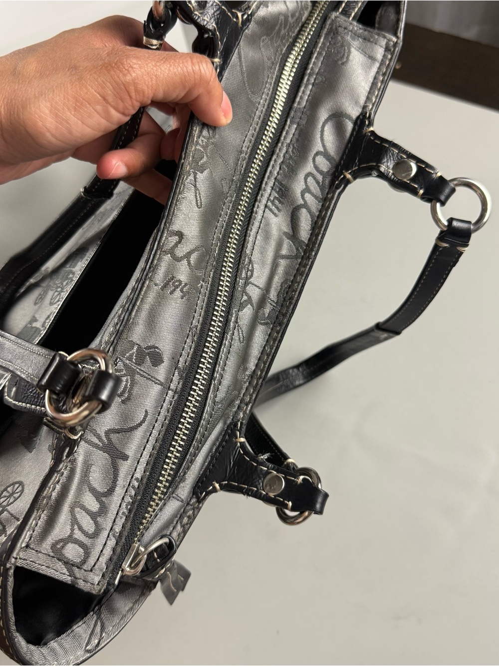 Coach Horse & Carriage Satin Jacquard Logo Tote Shoulder Bag Silver Gray Black - Picture 7 of 10
